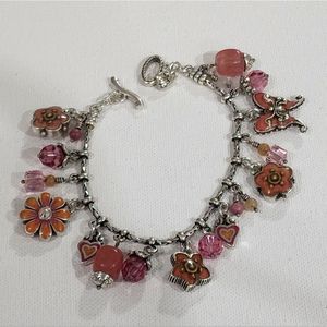 Brighton Pink Orange Enamel Butterfly Flower‎ Heart Charm Bracelet Toggle Clasp